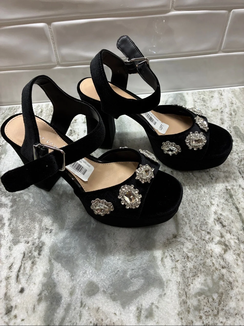 Copper Key Black Velvet Platform Jewel-Embellished Sandals